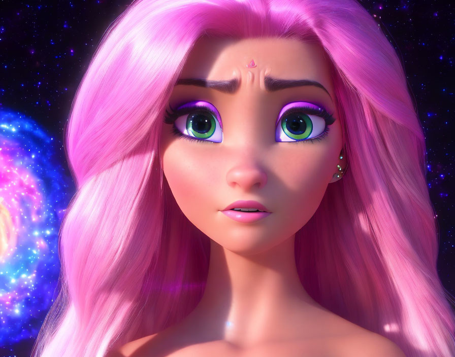 Pink-haired female character in 3D animation with large green eyes set in a cosmic starry backdrop