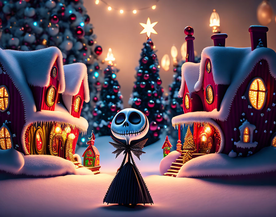 Whimsical winter scene with Jack Skellington in snow-covered village