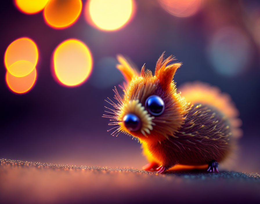 Fluffy orange hedgehog-like creature with big blue eyes on bokeh light background