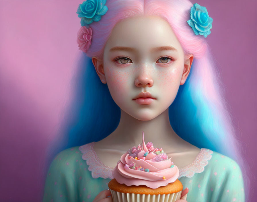 Digital illustration of girl with pastel pink hair and blue flowers holding cupcake