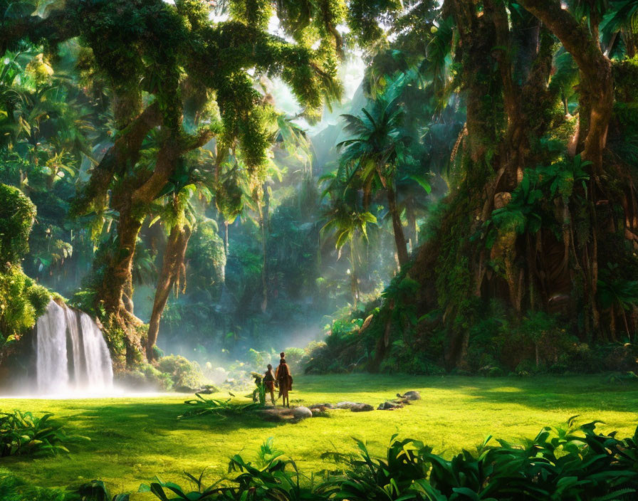 Tropical forest with waterfall, sunlight, figures, and horse