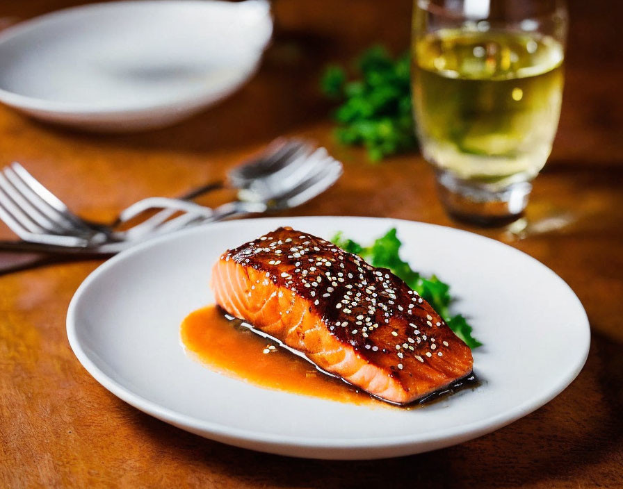 Sesame-Crusted Grilled Salmon with Glaze and White Wine on Wooden Table