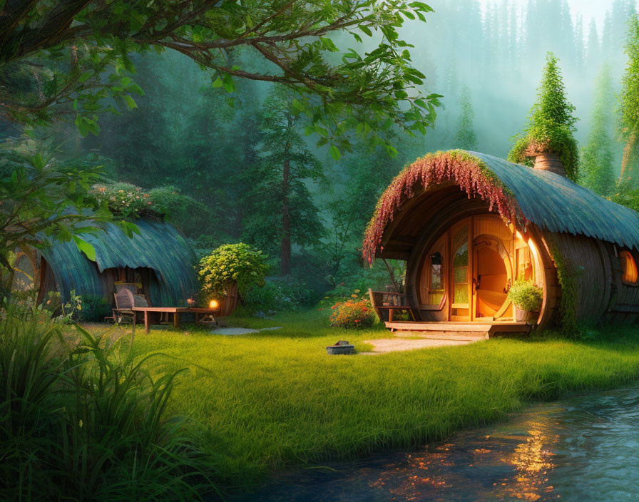 Circular door hobbit-style houses in lush green forest