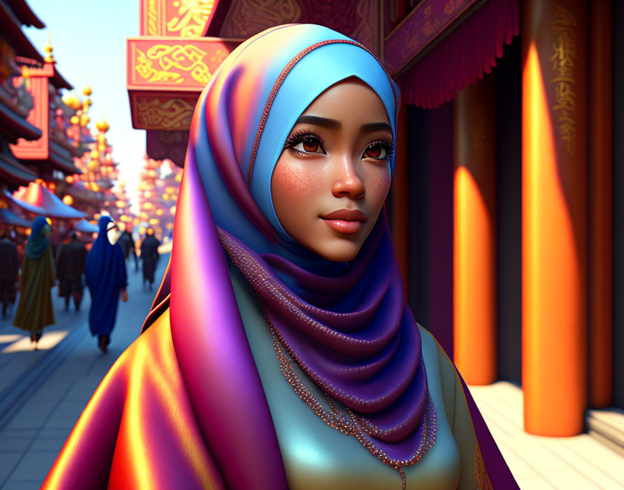 Colorful hijab-wearing woman in 3D on oriental street festival backdrop