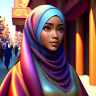 Digital artwork: Girl in cat ear hijab with cat, old town background