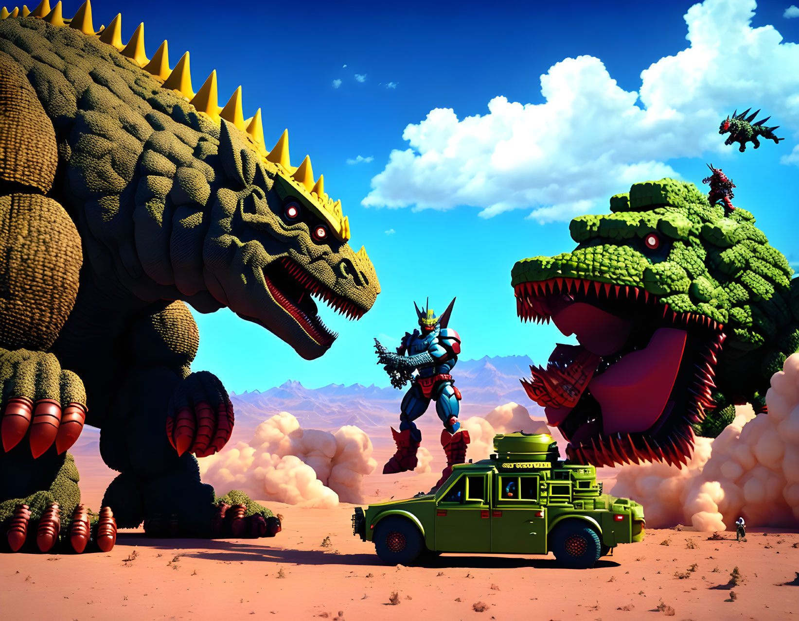 Vibrant battle of monsters and robot in desert setting