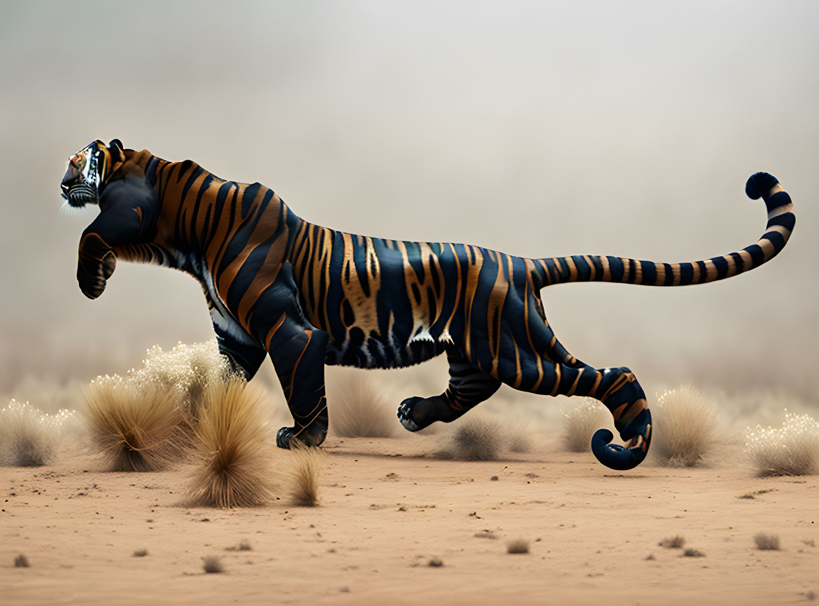 Striped tiger with elongated body in sandy landscape