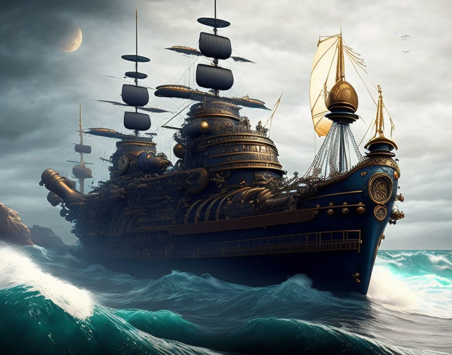 Fantasy ship with multiple sails navigating tumultuous seas under multiple moons