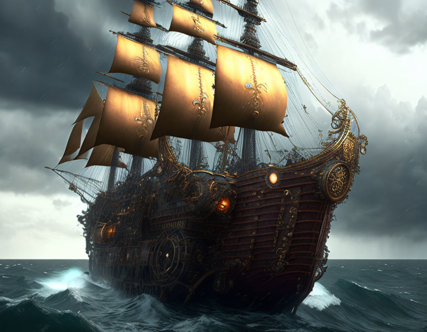 Golden-trimmed galleon navigating stormy seas