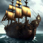 Golden-trimmed galleon navigating stormy seas