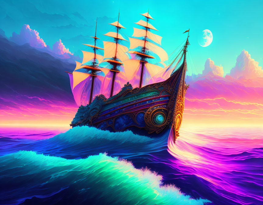 Colorful Ship Painting on Surreal Ocean with Crescent Moon