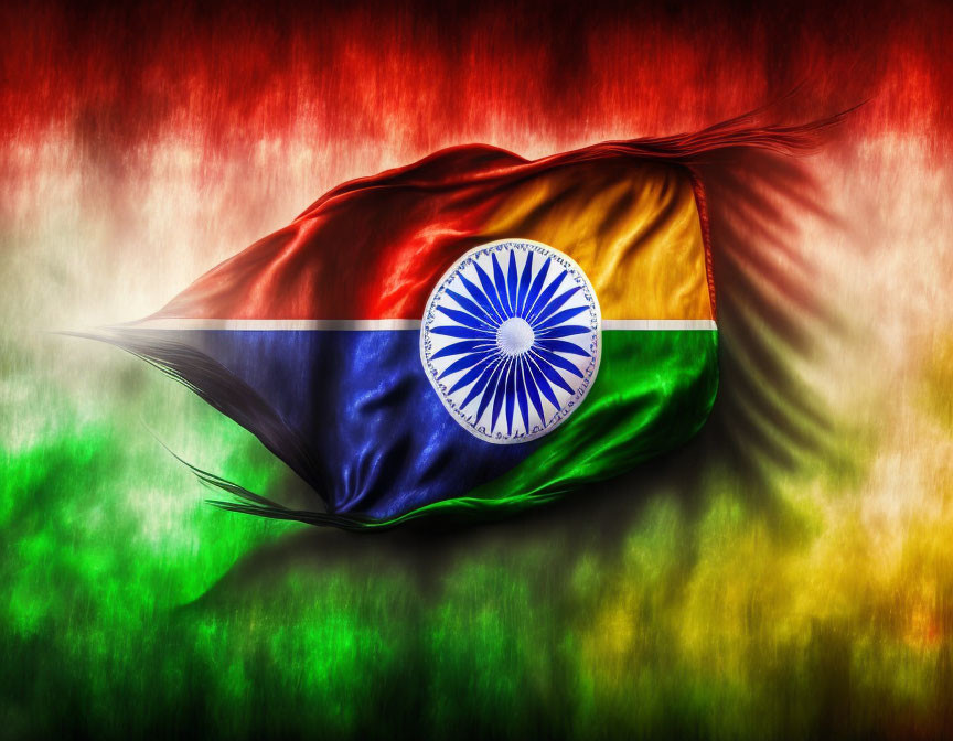 Vibrant Indian flag artwork with dynamic color gradients and silk-like texture