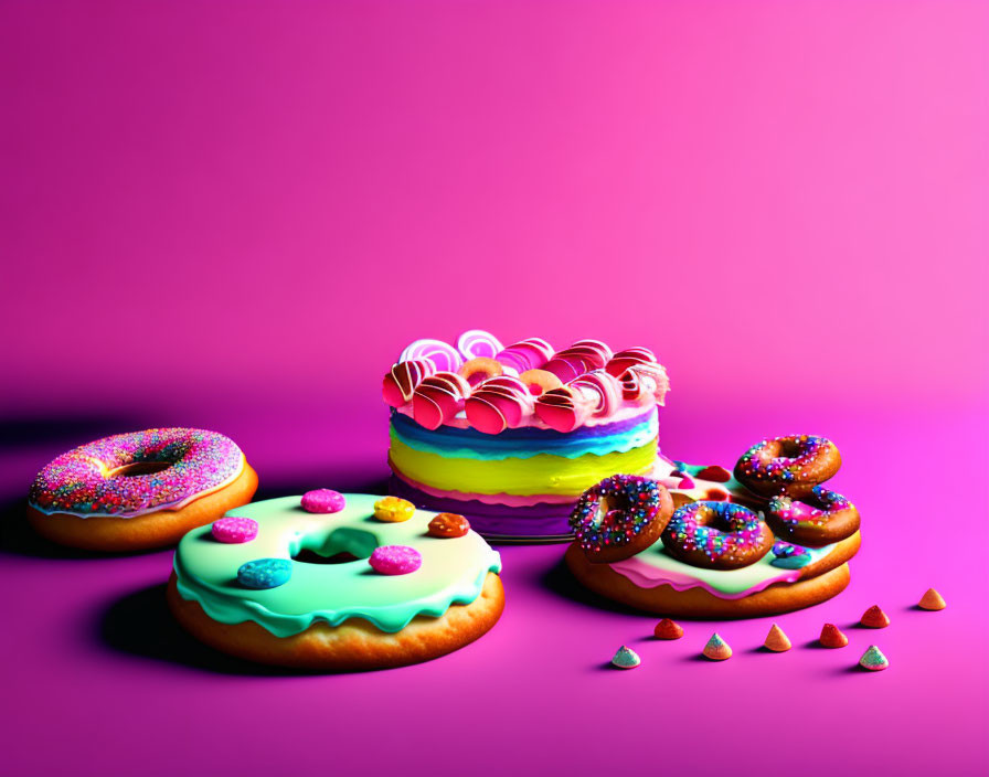 Colorful Layered Cake and Doughnuts on Vibrant Pink Background