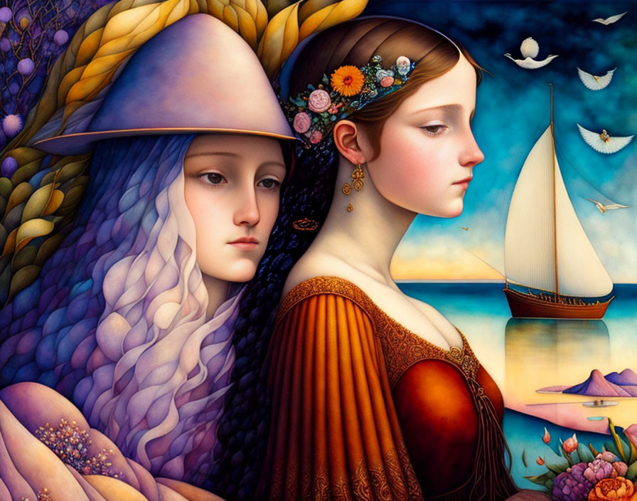 Stylized women with decorative hats by the sea and sailing boat