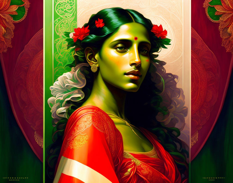 Digital artwork: Woman with South Asian look, red flowers, green and red saree, intricate background