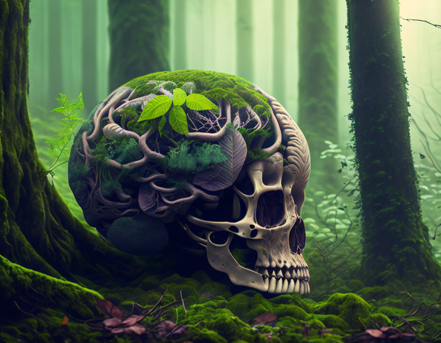 Surreal human skull in forest setting with moss-covered floor