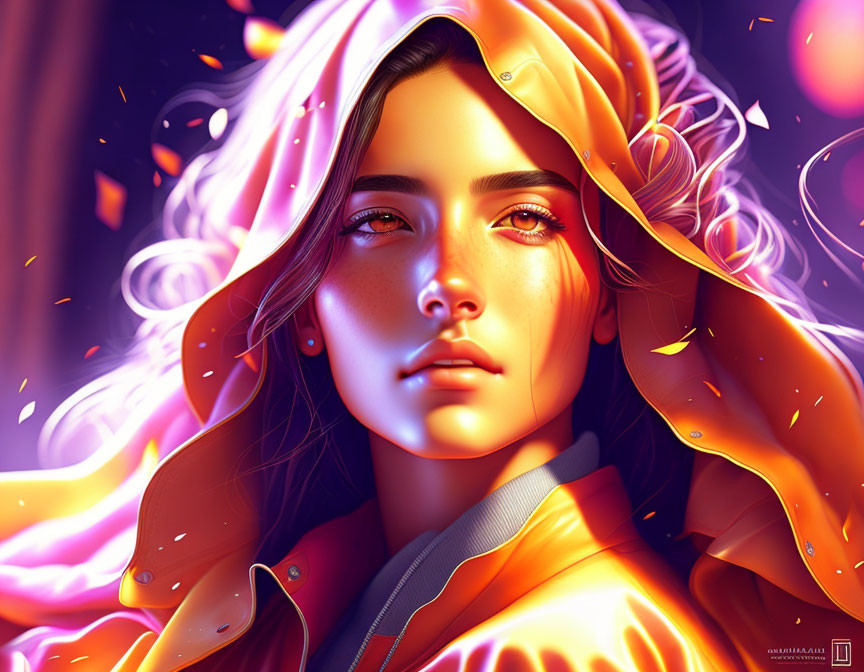 Vibrant digital portrait of a woman with golden hair and hood, warm hues and glowing light swirl