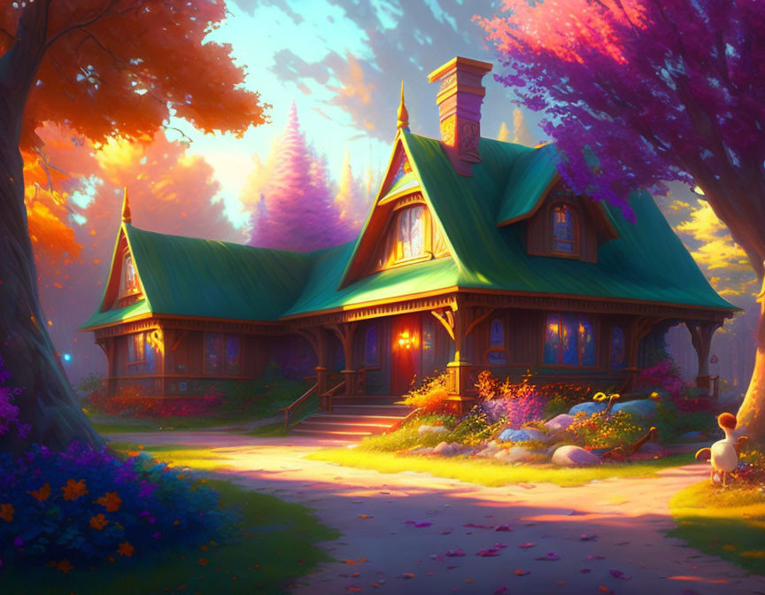 Enchanted cottage nestled among vibrant trees and flowers at twilight