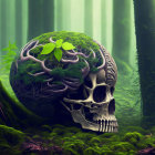 Surreal human skull in forest setting with moss-covered floor