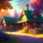 Enchanted cottage nestled among vibrant trees and flowers at twilight