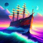 Colorful Ship Painting on Surreal Ocean with Crescent Moon