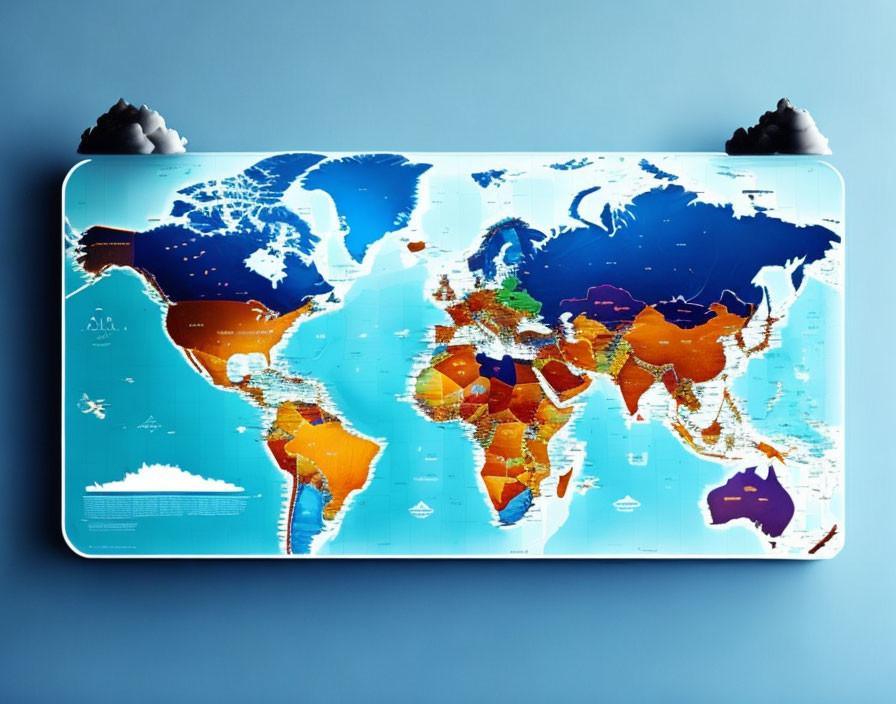 Colorful World Map on Blue Background with Grey Decorative Items on Wall