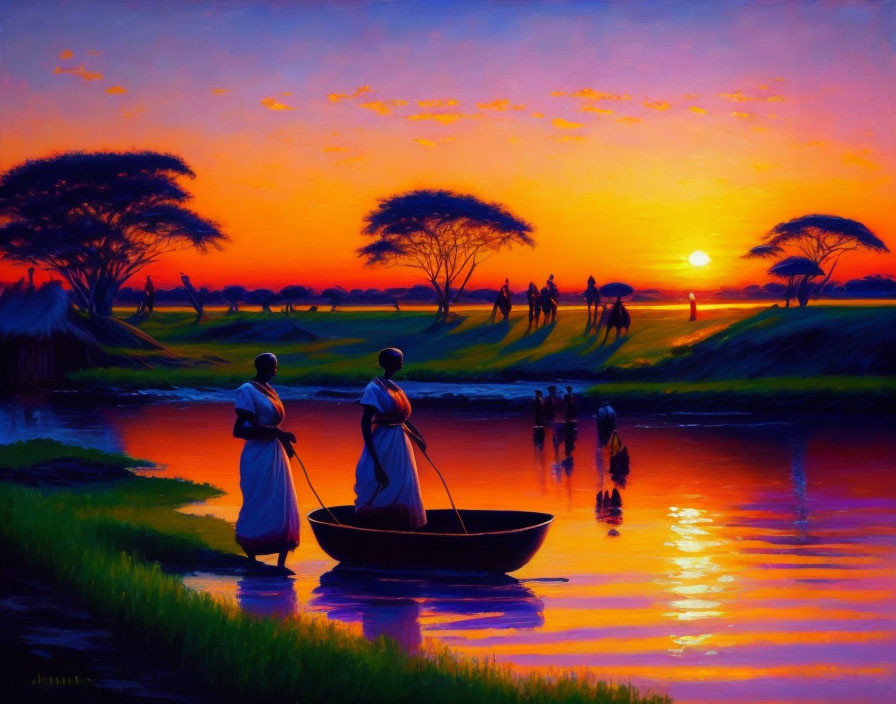 Sunset river scene with two people on boat, vibrant sky, silhouettes.