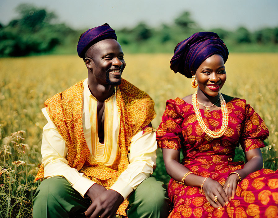 Traditional African Attire: Smiling Couple in Vibrant Patterns Sitting Outdoors