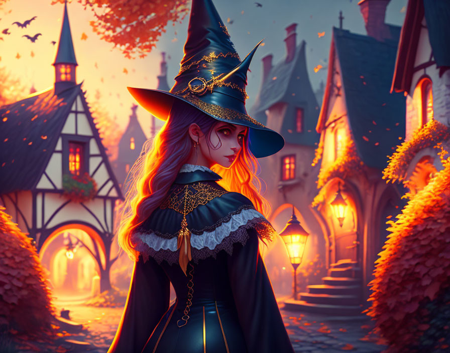 Detailed Witch Costume Red Hair in Medieval Village with Bats and Glowing Pumpkins