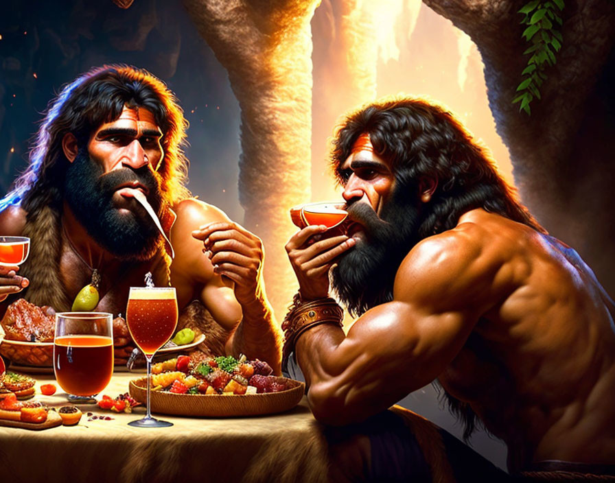 Animated cavemen feast with fruits and drinks in warm setting