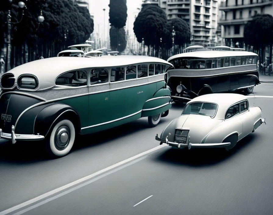 Classic City Street Scene with Vintage Automobiles and Buses in Monochrome with Selective Color