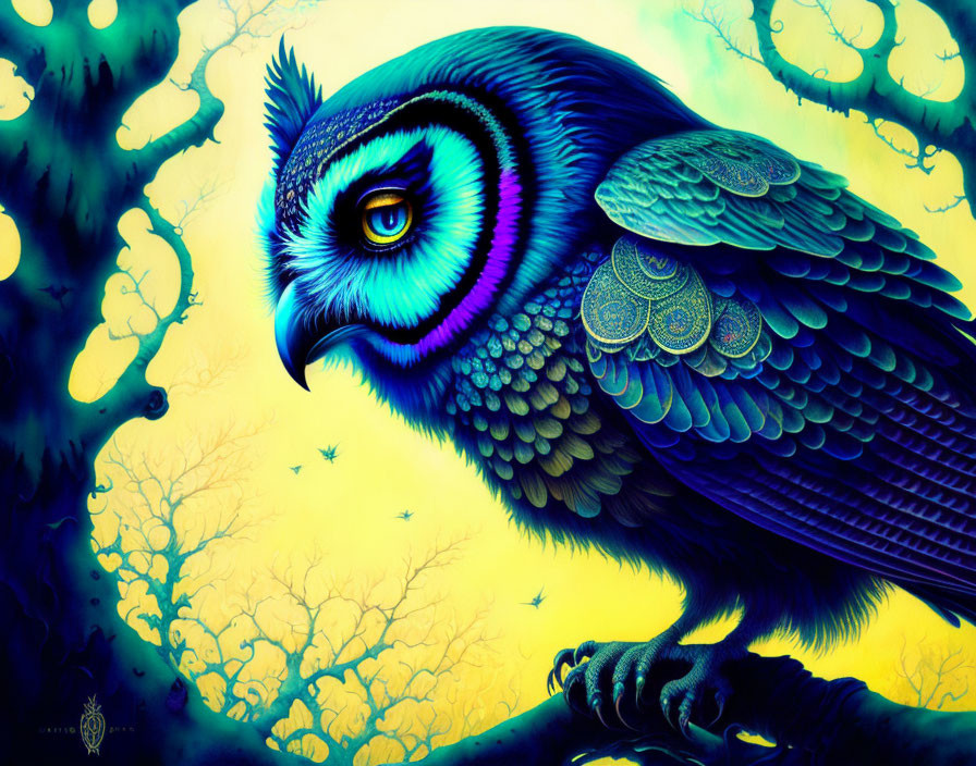 Colorful Owl Illustration with Blue Hues on Branch