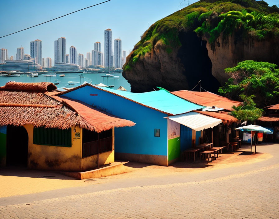 Vibrant coastal village and modern city skyline contrast against clear blue sky