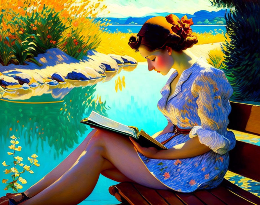 Woman in Blue Dress Reading Book by Vibrant Lake