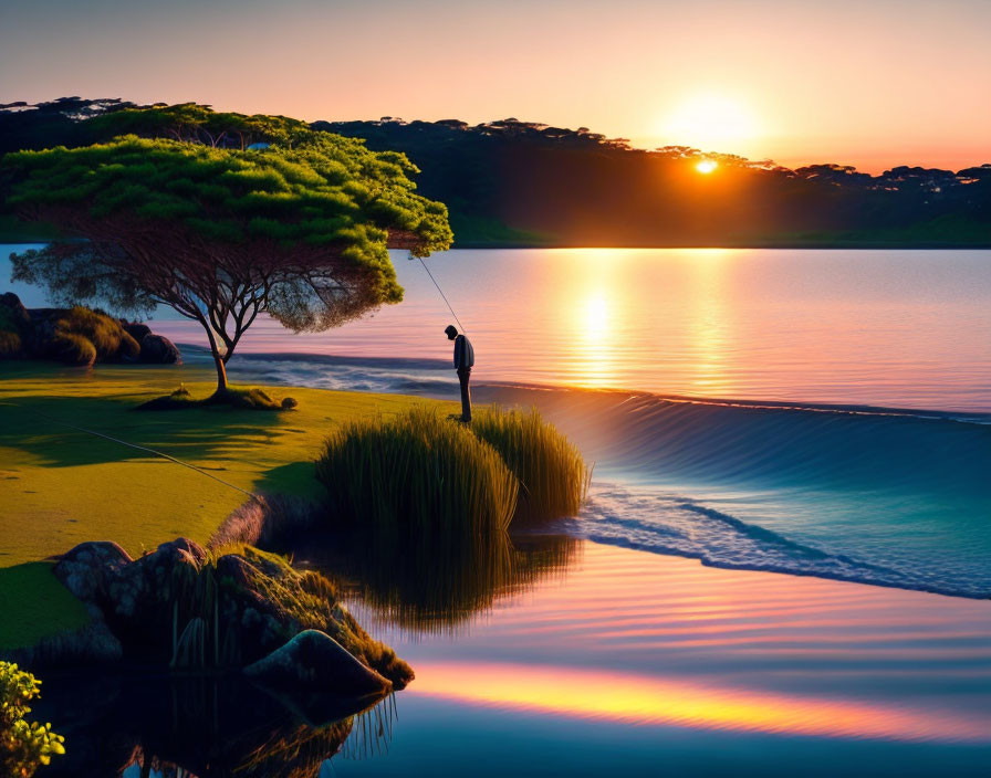 Tranquil sunset scene with vibrant skies and calm lake reflection.