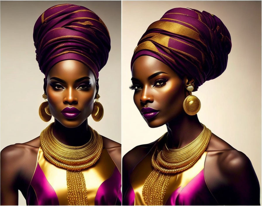 Portrait of Woman with Purple Headwrap, Striking Makeup, Gold Hoops, and Necklaces on