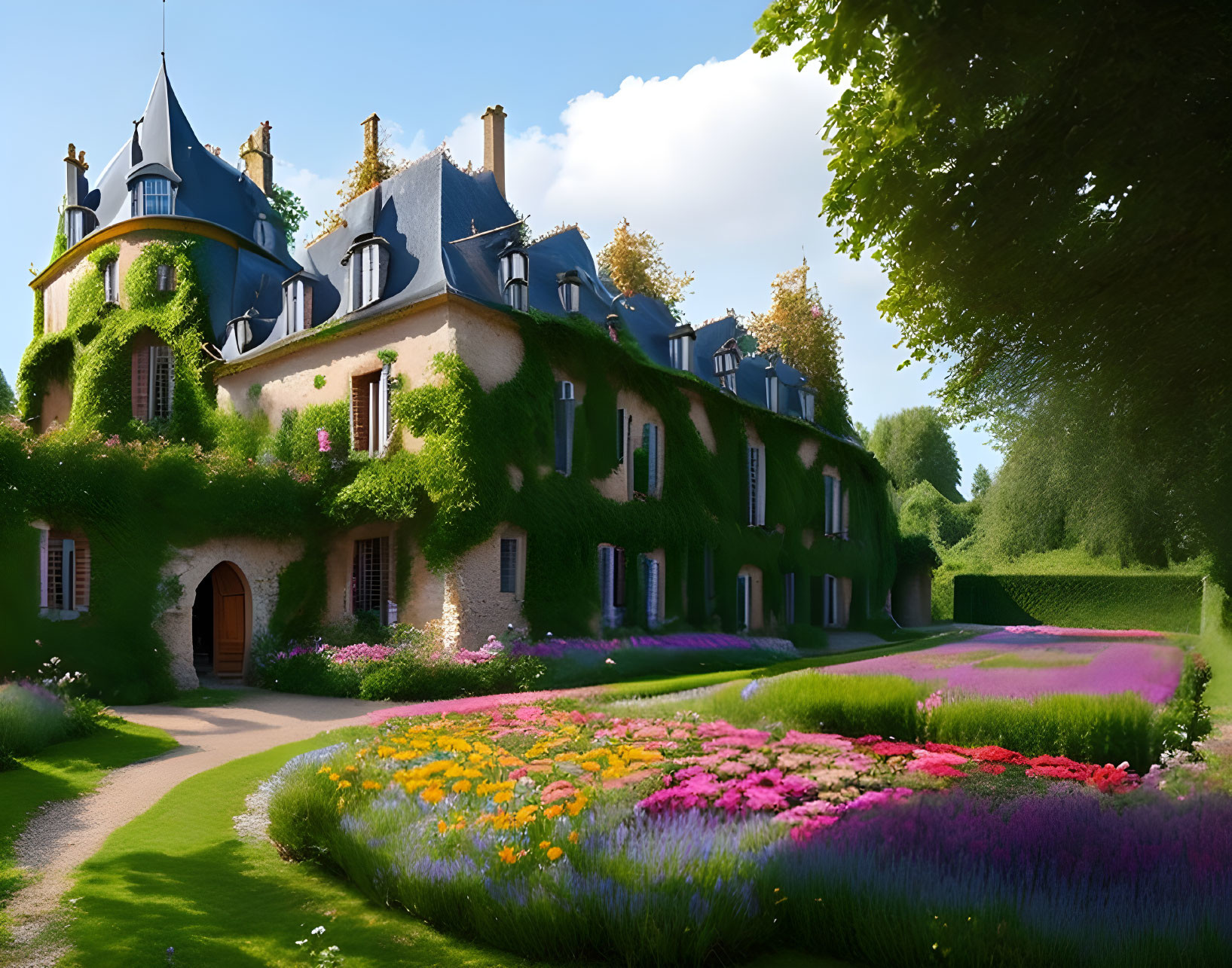 Ivy-covered chateau in lush gardens under sunny sky