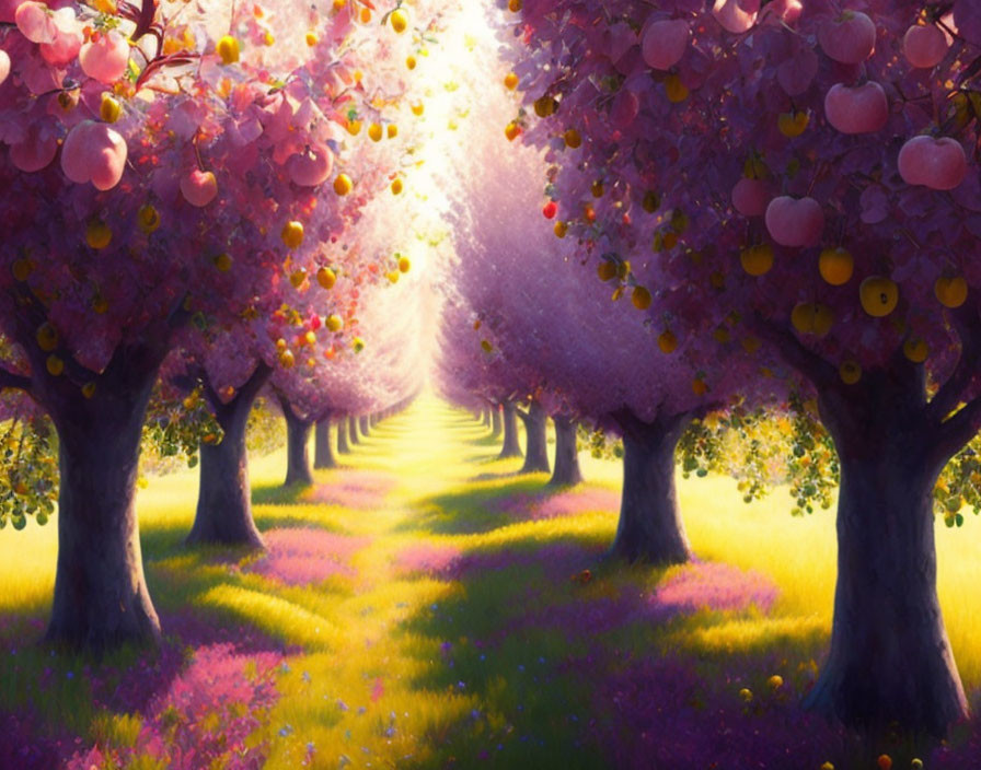 Digital artwork: Vibrant orchard with pink blossoms, golden apples, sunlight, purple flowers.