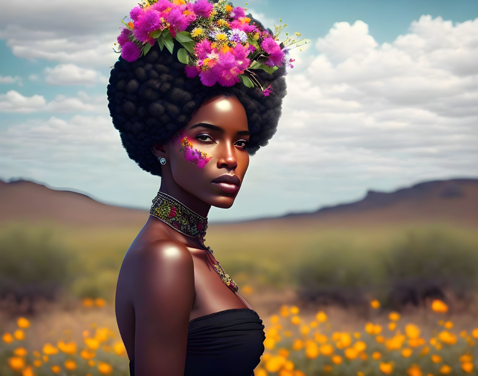 Portrait of woman with afro hairstyle and flowers in desert landscape