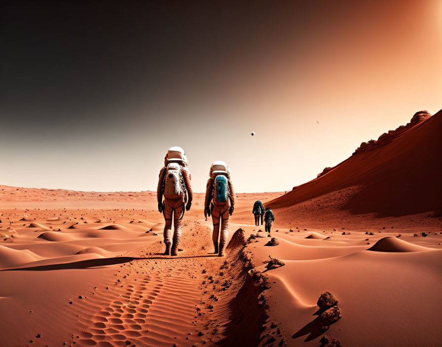 Astronauts exploring reddish Martian-like desert landscape