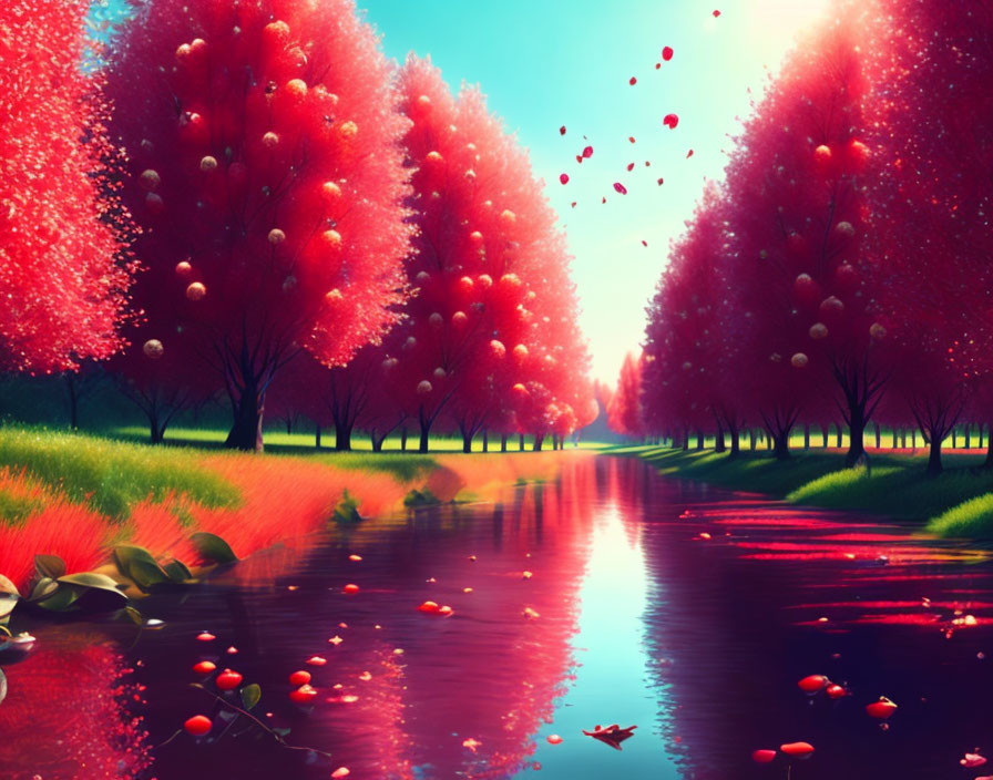 Serene landscape with red foliage trees by calm river