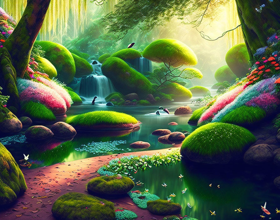 Lush fantasy forest with greenery, flowers, waterfalls, stones, ethereal lighting