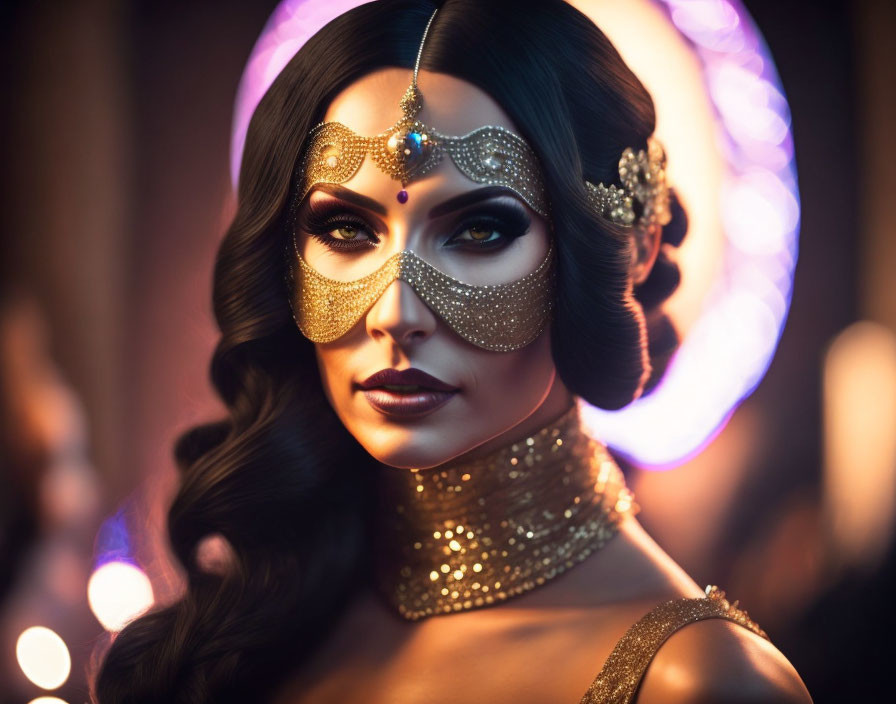 Elaborate golden makeup woman with mask and glowing hoop background