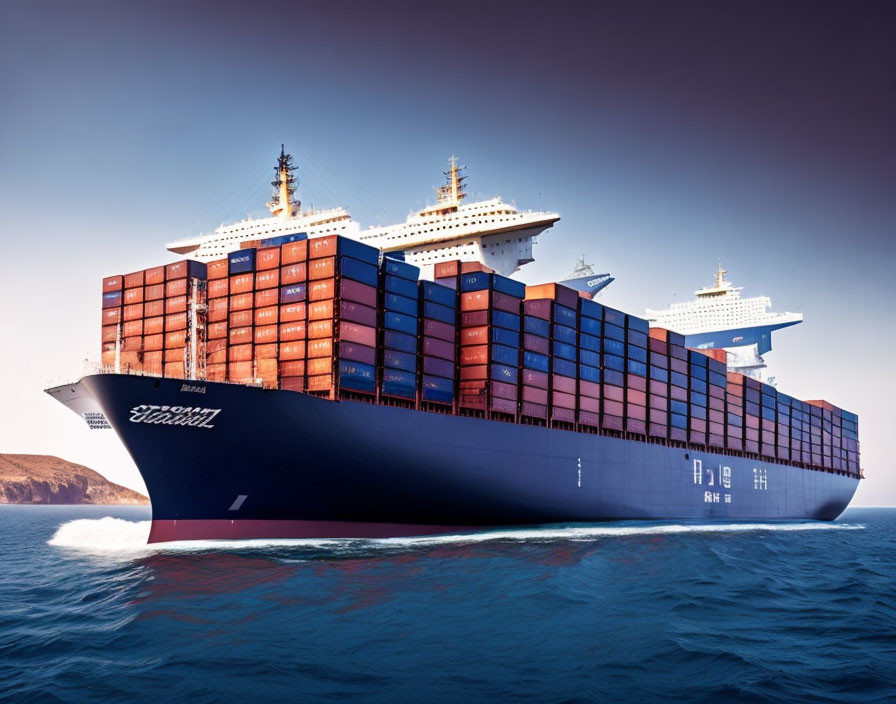 Blue cargo ship with stacked containers on calm sea.