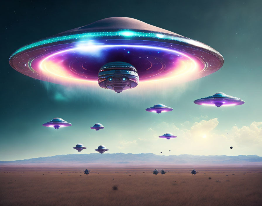 Multiple UFOs with colorful glow above desert landscape