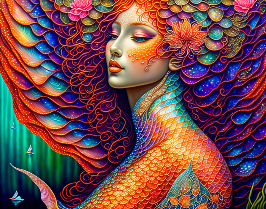 Colorful digital artwork: Woman with red hair, mermaid tail, and floral elements in underwater scene