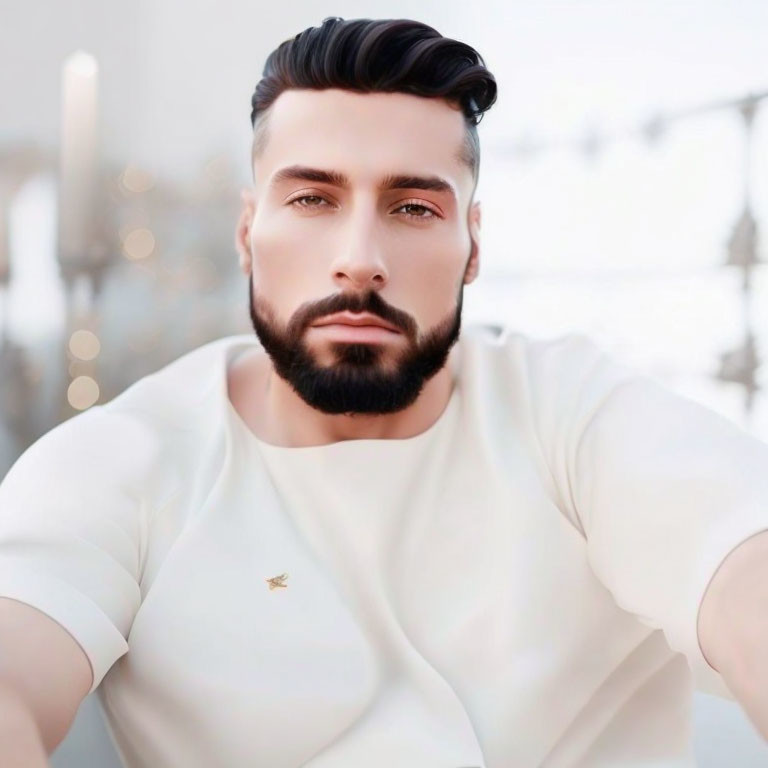 Digitally-created male character with full beard and styled hair in white shirt on blurred background