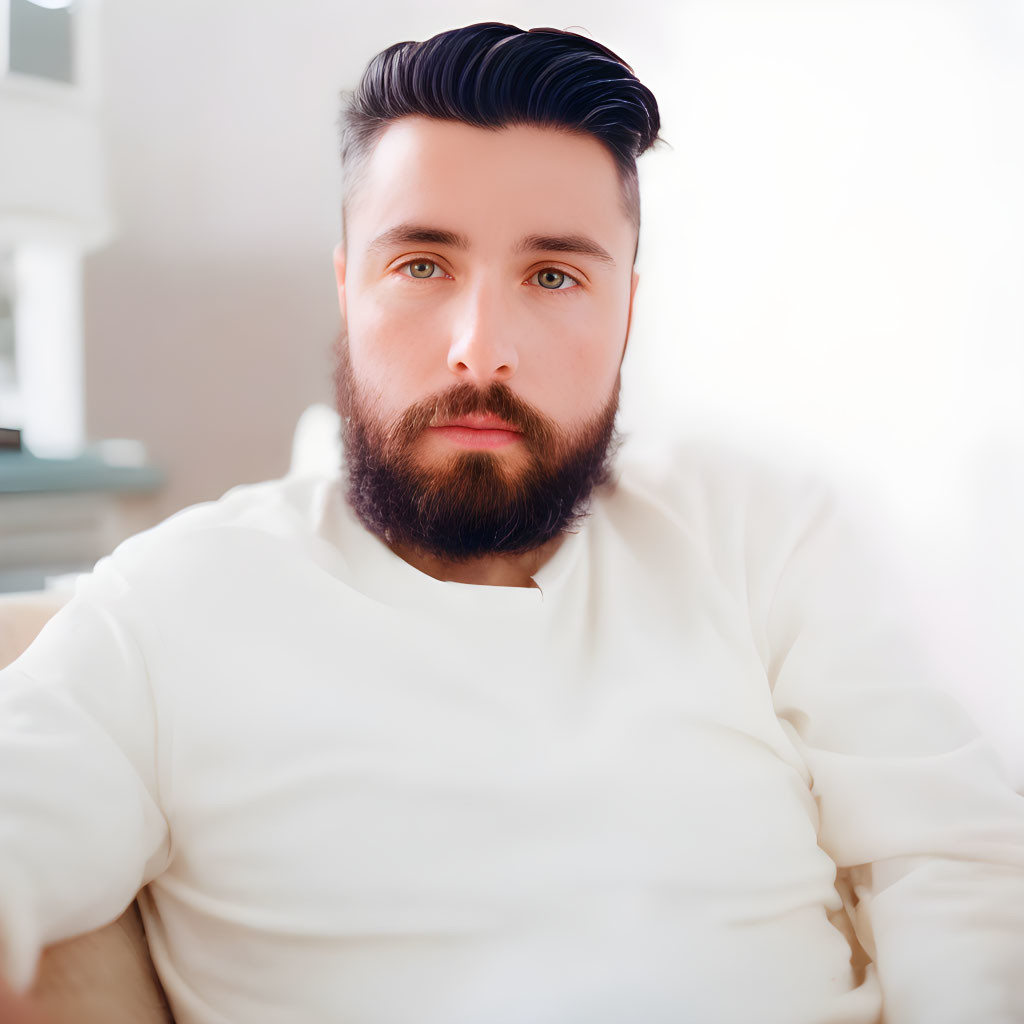 Dark-haired man with beard in white shirt sitting indoors under soft lighting