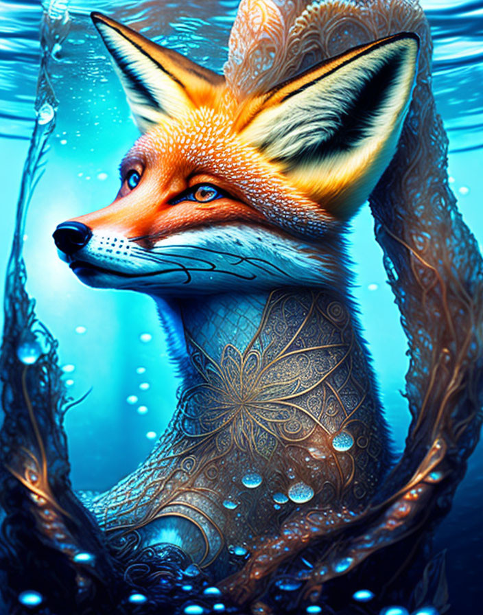 Colorful Fox Illustration Submerged in Water with Intricate Patterns