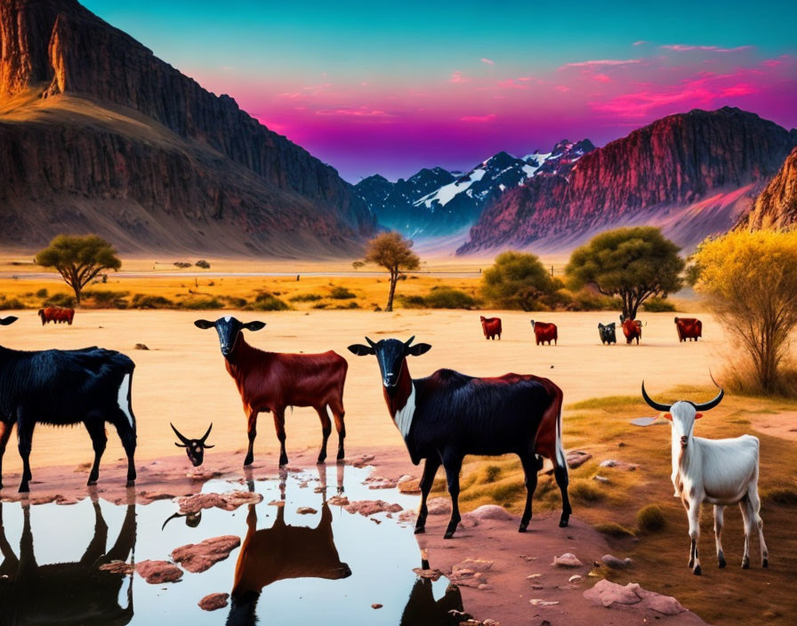 Vibrant desert oasis landscape with goats, reflecting water, dramatic mountains, twilight sky